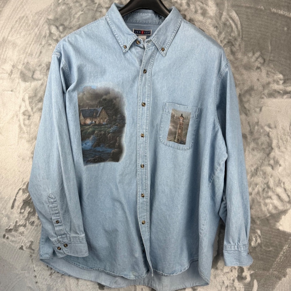 Jerzees Womens XXXL Light Wash Denim‎ Lighthouse Cottage Graphic Button Down Y2K